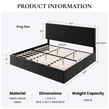 SHA CERLIN Bed Frame, Velvet Upholstered Platform Bed, Vertical Channel Tufted Adjustable Headboard, Low Profile Bed Frame, No Box Spring Needed, Easy Assembly