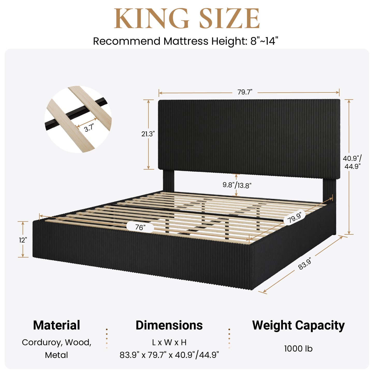 SHA CERLIN Bed Frame, Corduroy Upholstered Platform Bed, Adjustable Vertical Channel Tufted Headboard, Modern Low Profile Frame, No Box Spring Needed, Easy Assembly