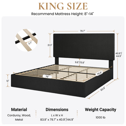 SHA CERLIN Bed Frame, Corduroy Upholstered Platform Bed, Adjustable Vertical Channel Tufted Headboard, Modern Low Profile Frame, No Box Spring Needed, Easy Assembly