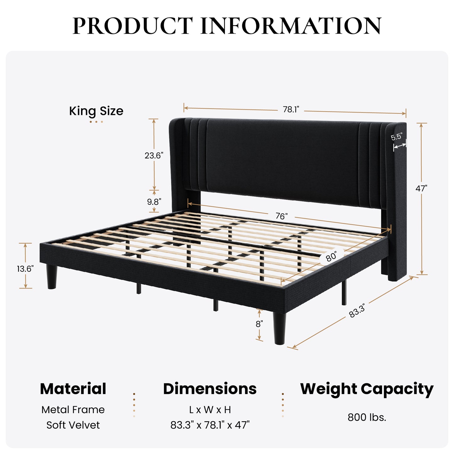 SHA CERLIN Velvet Upholstered Platform Bed Frame with Vertical Channel Tufted Wingback Headboard, Wooden Slats Support, Easy Assembly, Under Bed Storage, No Box Spring Required