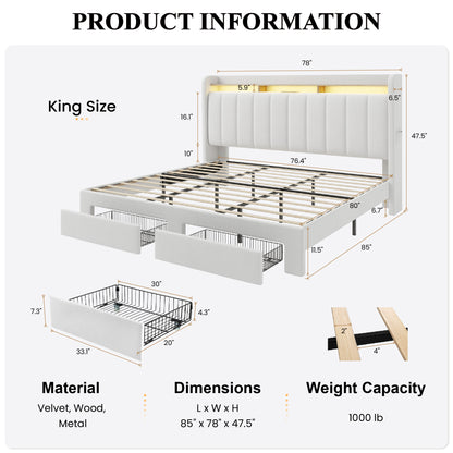 SHA CERLIN Velvet Bed Frame with Vertical Channel Tufted Wingback Headboard & 2 Storage Drawers/2-Tier Shelves with LED Lights & Charging Station/Noise-Free/No Box Spring Needed