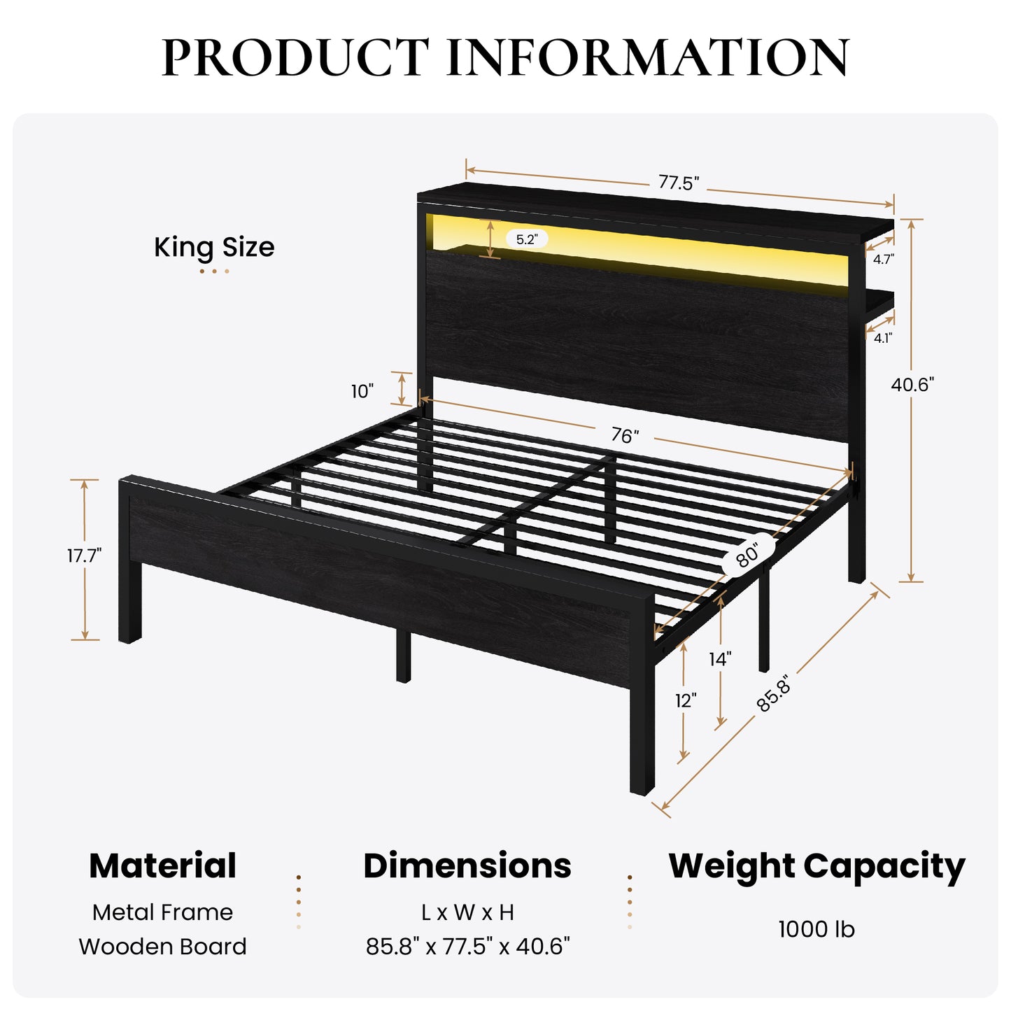 Sha Cerlin Bed Frame, 2-Tier Storage Headboard, LED, Charging Station | Wood Metal Platform with Footboard, No Box Spring Needed, Noise-free, Under Bed Storage, Black Oak