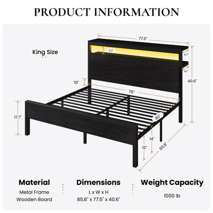 Sha Cerlin Bed Frame, 2-Tier Storage Headboard, LED, Charging Station | Wood Metal Platform with Footboard, No Box Spring Needed, Noise-free, Under Bed Storage, Black Oak