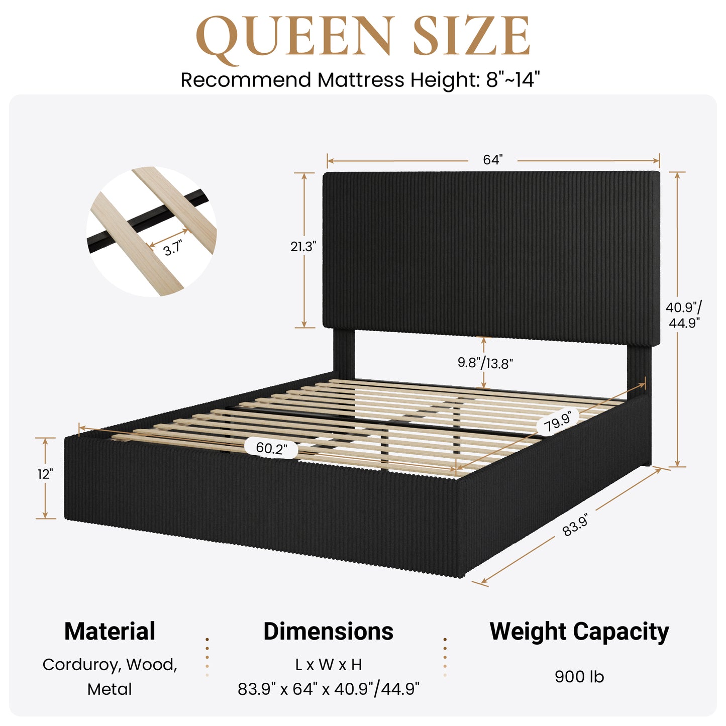 SHA CERLIN Bed Frame, Corduroy Upholstered Platform Bed, Adjustable Vertical Channel Tufted Headboard, Modern Low Profile Frame, No Box Spring Needed, Easy Assembly