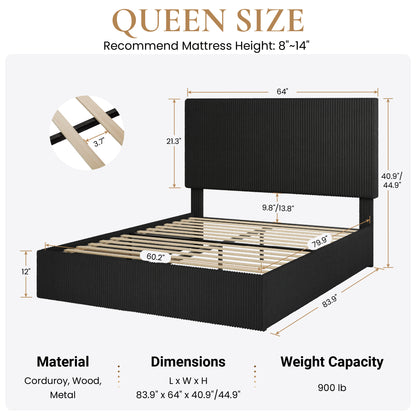 SHA CERLIN Bed Frame, Corduroy Upholstered Platform Bed, Adjustable Vertical Channel Tufted Headboard, Modern Low Profile Frame, No Box Spring Needed, Easy Assembly
