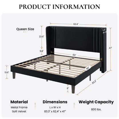 SHA CERLIN Velvet Upholstered Platform Bed Frame with Vertical Channel Tufted Wingback Headboard, Wooden Slats Support, Easy Assembly, Under Bed Storage, No Box Spring Required