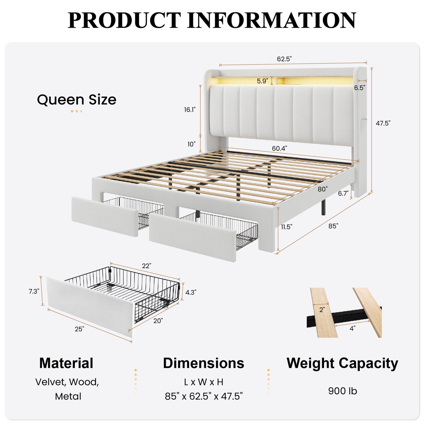 SHA CERLIN Velvet Bed Frame with Vertical Channel Tufted Wingback Headboard & 2 Storage Drawers/2-Tier Shelves with LED Lights & Charging Station/Noise-Free/No Box Spring Needed