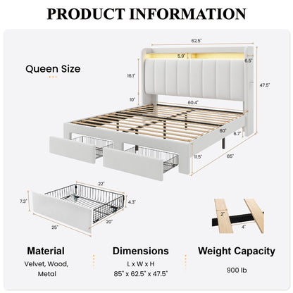 SHA CERLIN Velvet Bed Frame with Vertical Channel Tufted Wingback Headboard & 2 Storage Drawers/2-Tier Shelves with LED Lights & Charging Station/Noise-Free/No Box Spring Needed