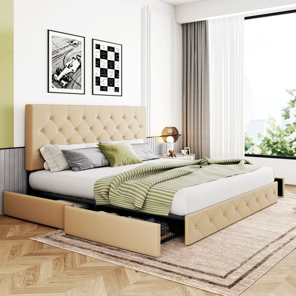 Upholstered Platform Bed Frame with 4 Storage Drawers & Adjustable Fabric Tufted Headboard, Adult