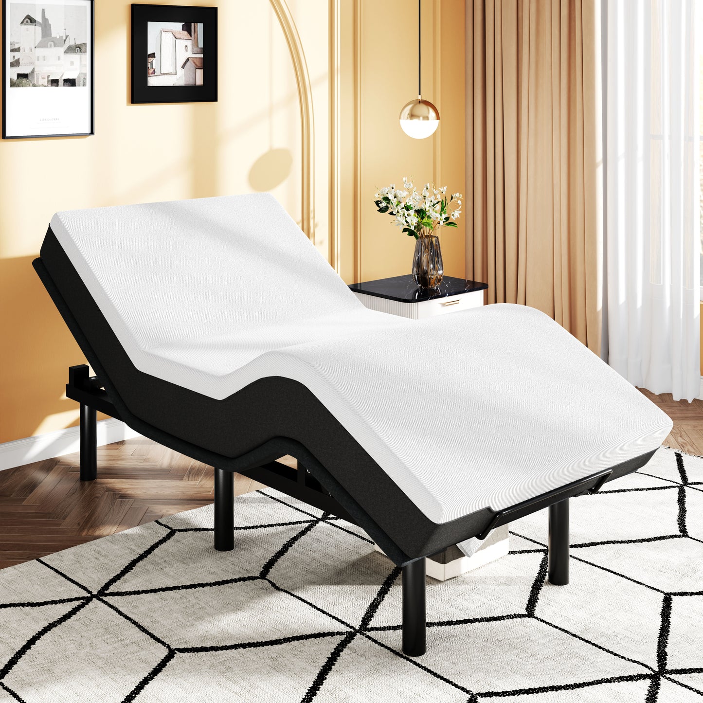 Adjustable Bed Frame with Wireless Remote, Head and Foot Incline, Wood Board Support