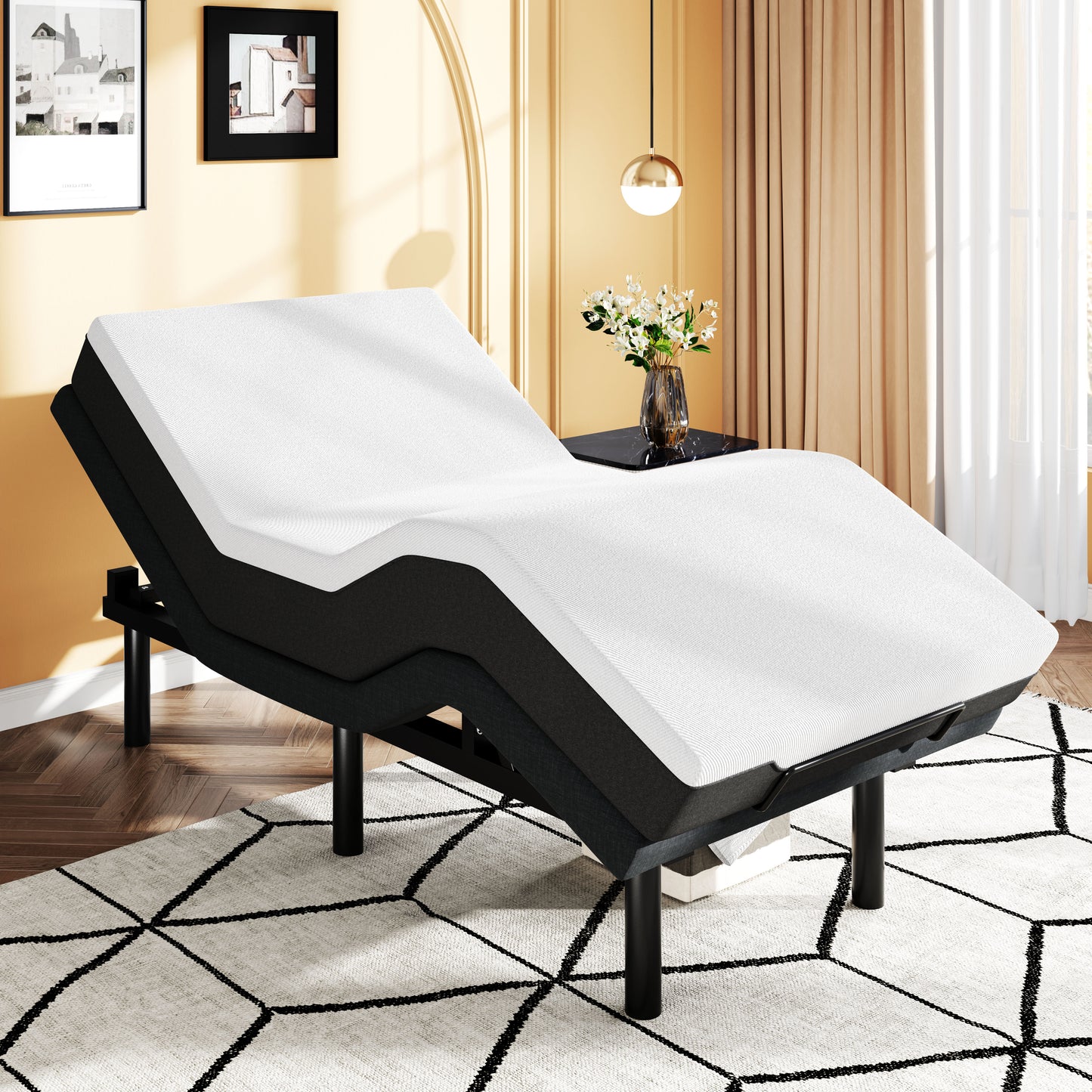 Adjustable Bed Frame with Wireless Remote, Head and Foot Incline, Wood Board Support