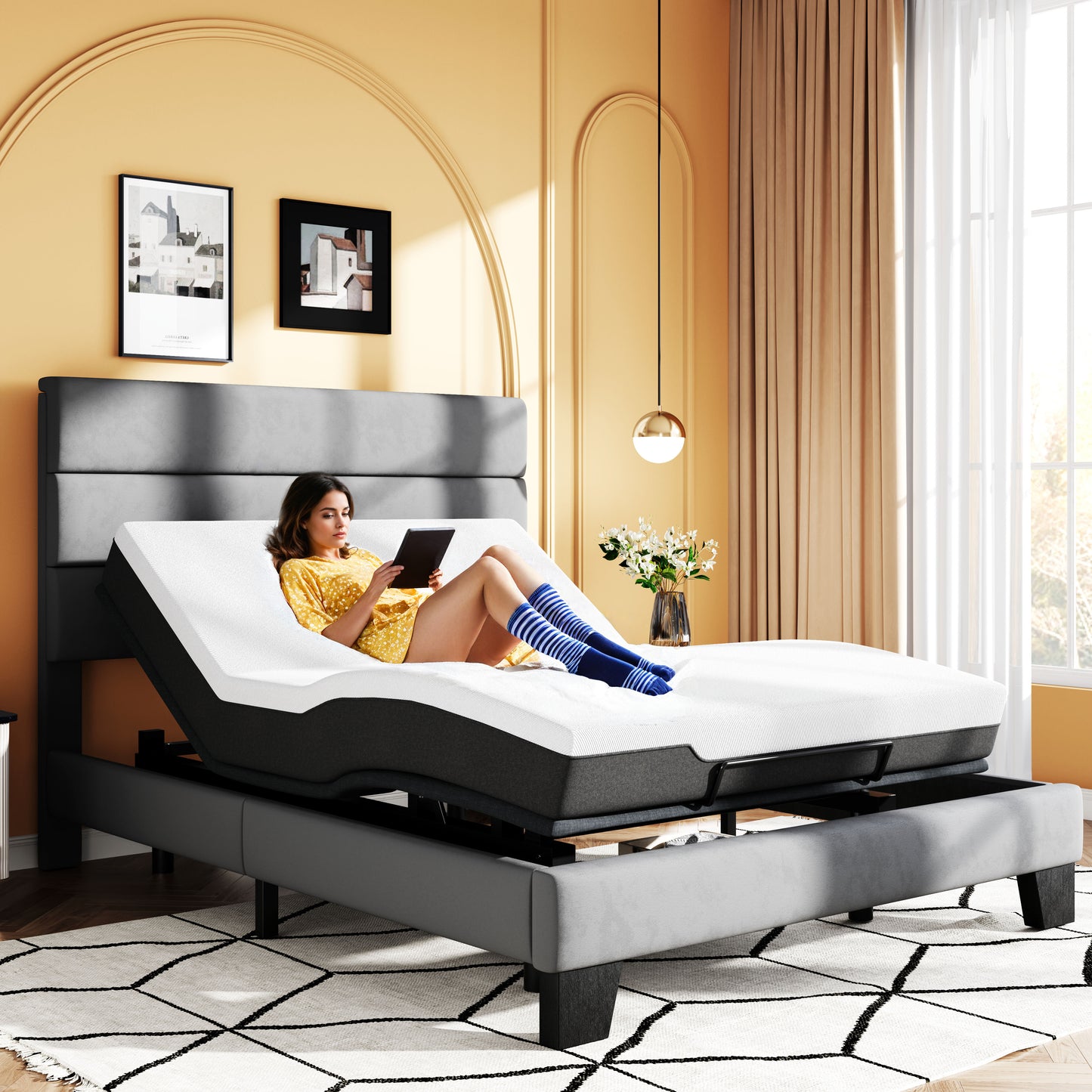 Adjustable Bed Frame with Wireless Remote, Head and Foot Incline, Wood Board Support