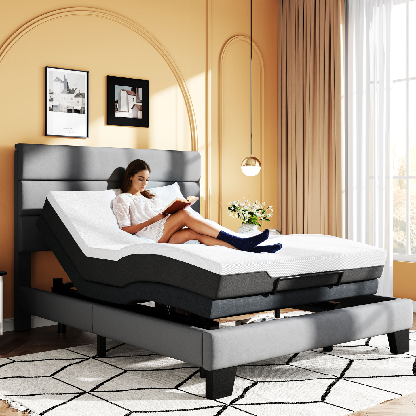 Adjustable Bed Frame with Wireless Remote, Head and Foot Incline, Wood Board Support
