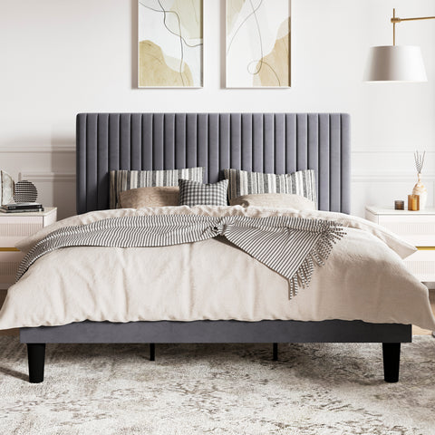 SHA CERLIN Upholstered Platform Bed Frame with Adjustable Channel Velvet Headboard