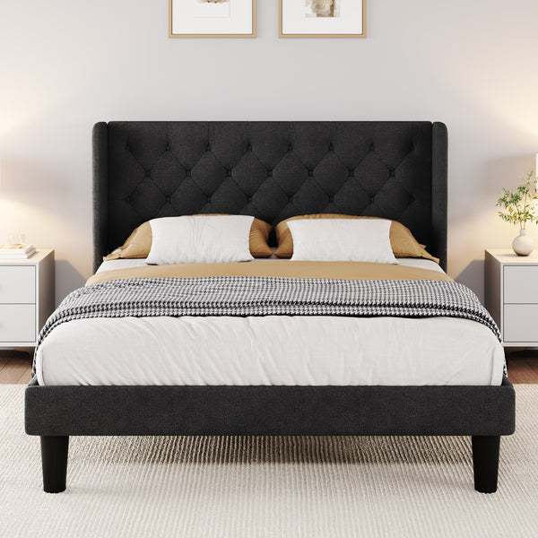 Platform Bed Frame with Upholstered Headboard and Wingback, Button Tufted Design