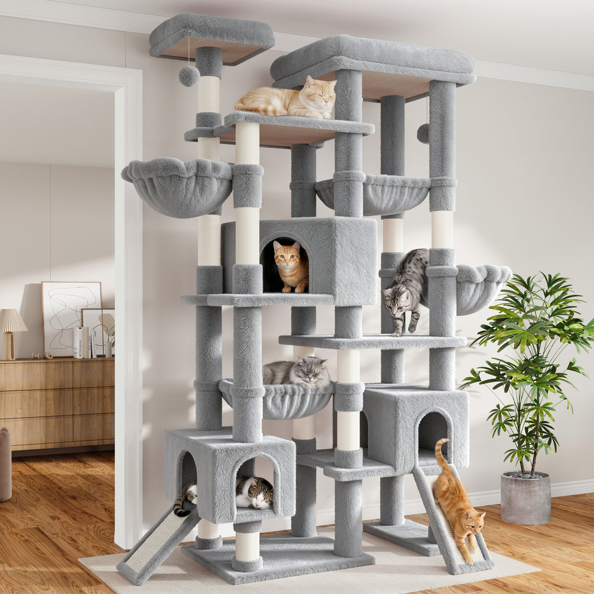 Sha Cerlin 87 in Multi-Level Tall Cat Tree Tower for Large Cats/Extra Wide Feline Activity Center/Sisal Scratching Posts/Wide Base/Cozy Plush Perches/Baskets/Hammocks/Toy Balls