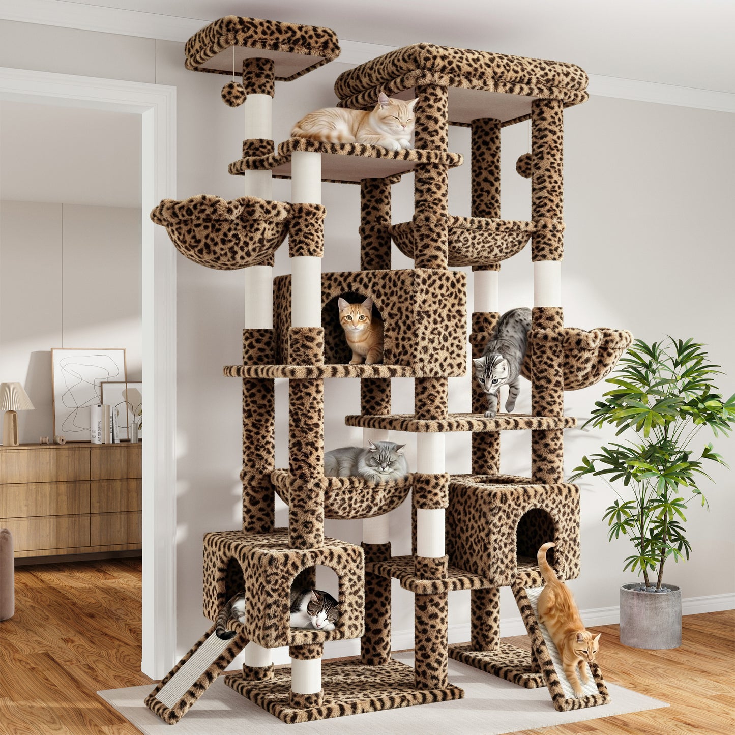 Sha Cerlin 87 in Multi-Level Tall Cat Tree Tower for Large Cats/Extra Wide Feline Activity Center/Sisal Scratching Posts/Wide Base/Cozy Plush Perches/Baskets/Hammocks/Toy Balls