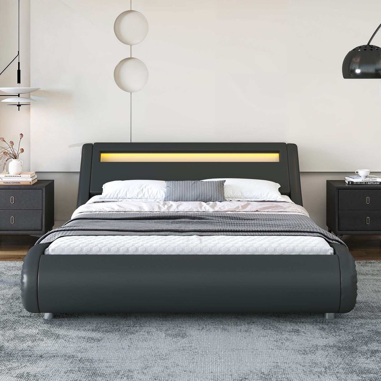 Wave-Like Curve PU Leather Platform Bed Frame with Adjustable Headboard and LED Lights