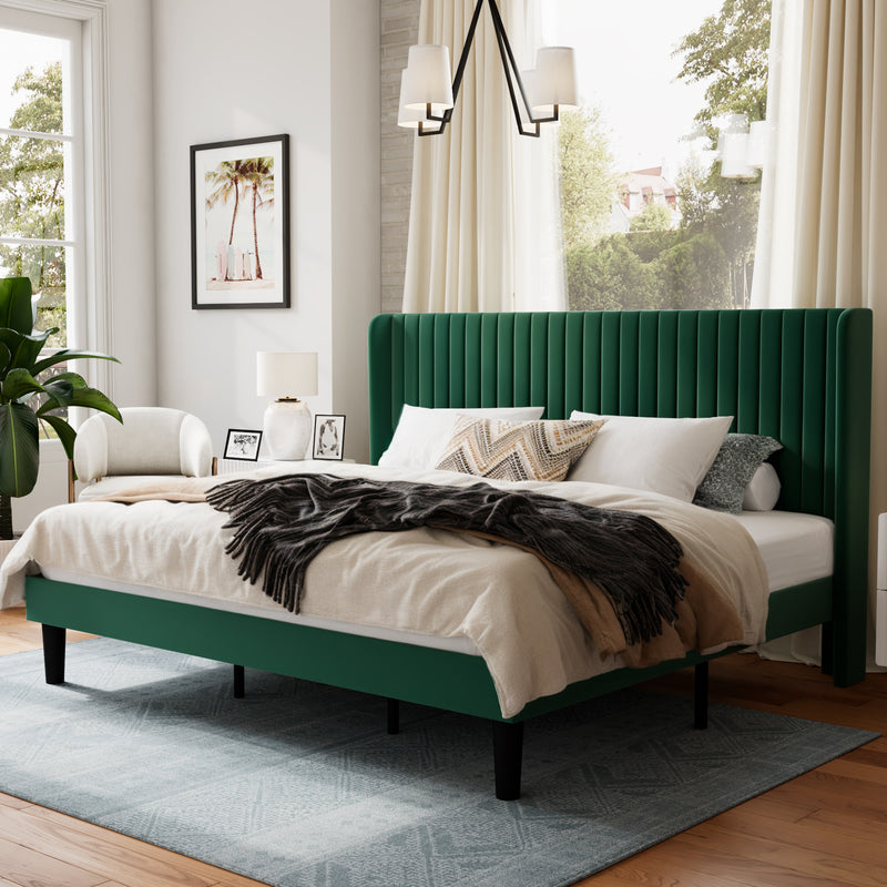 Sha Cerlin Upholstered Platform Bed Frame with Velvet Channel Wingback Headboard