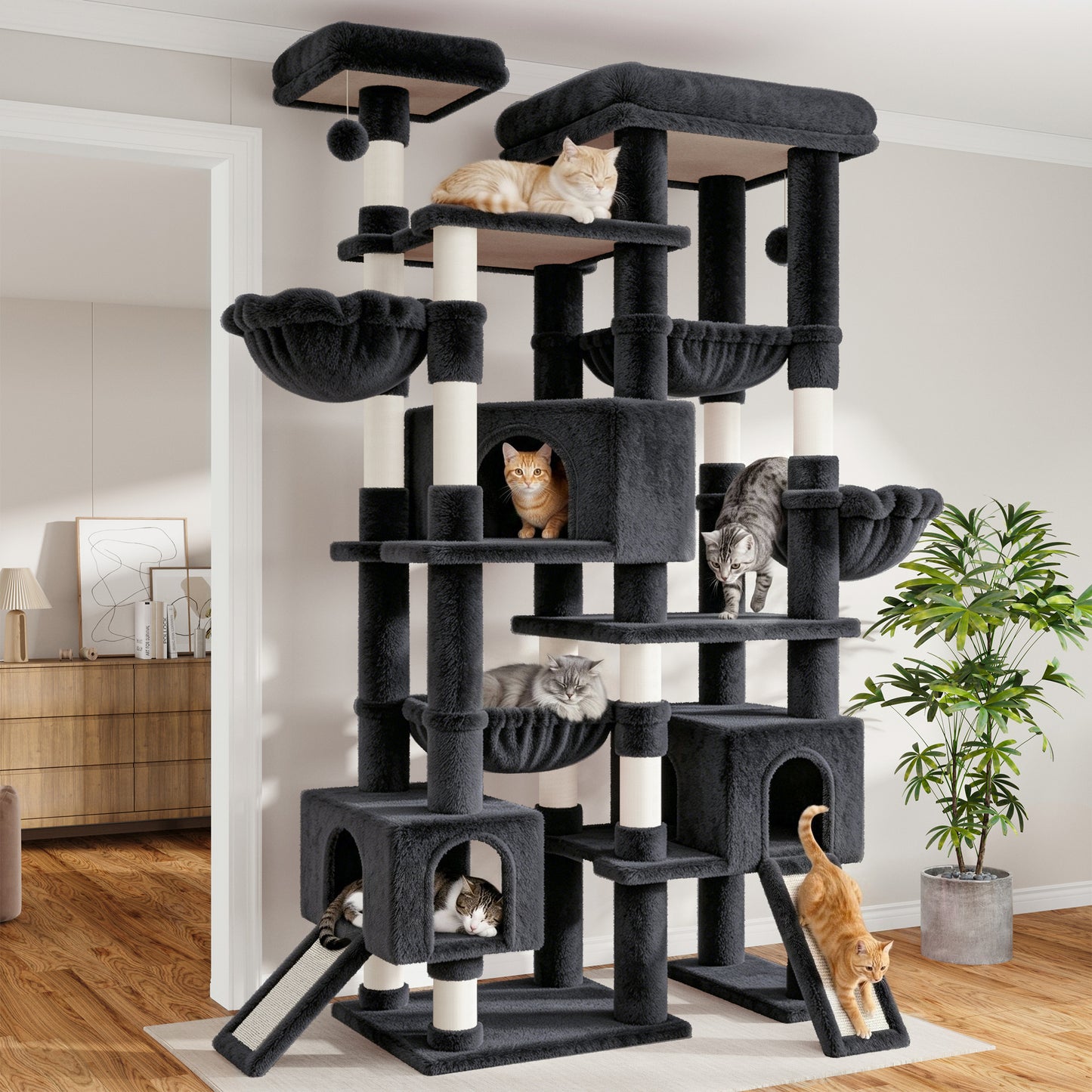 Sha Cerlin 87 in Multi-Level Tall Cat Tree Tower for Large Cats/Extra Wide Feline Activity Center/Sisal Scratching Posts/Wide Base/Cozy Plush Perches/Baskets/Hammocks/Toy Balls