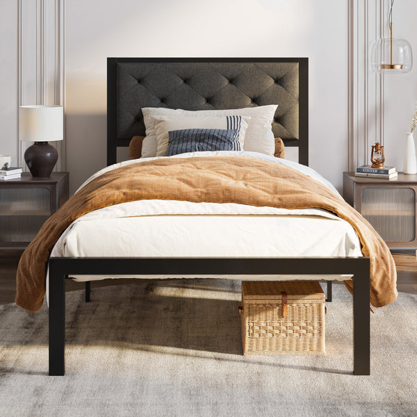 Metal Bed with Headboard, Strong Steel Slats Support