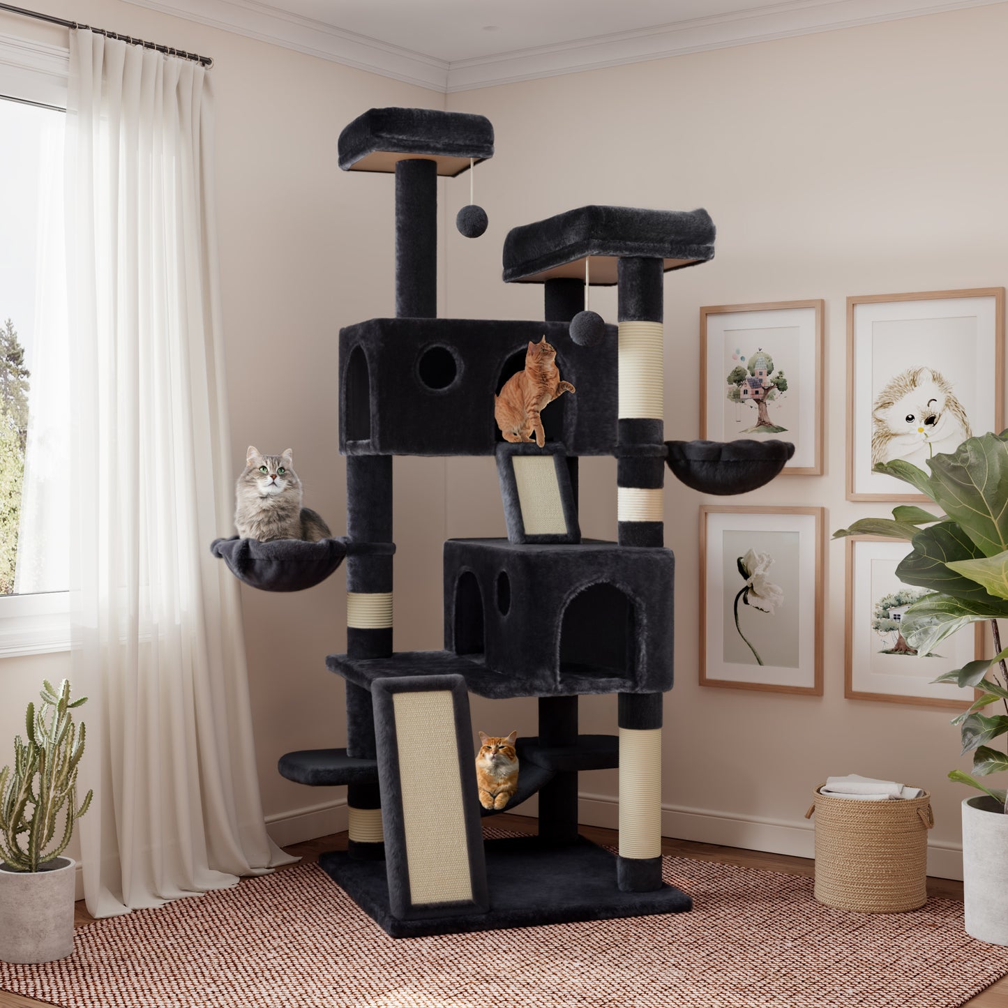 Sha Cerlin 65" Cat Tree and Tower for large cats with Hammock & Scratching Posts