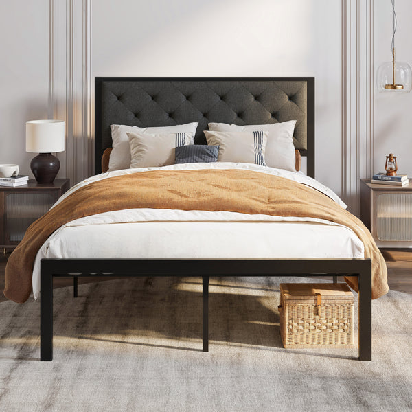 Metal Bed with Headboard, Strong Steel Slats Support