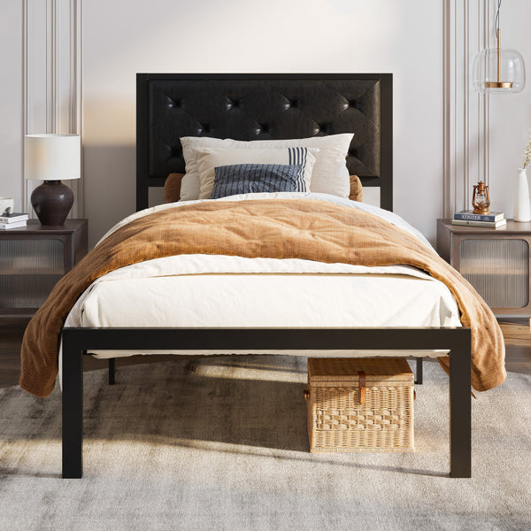 Metal Bed with Headboard, Strong Steel Slats Support