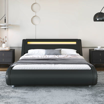 Wave-Like Curve PU Leather Platform Bed Frame with Adjustable Headboard and LED Lights