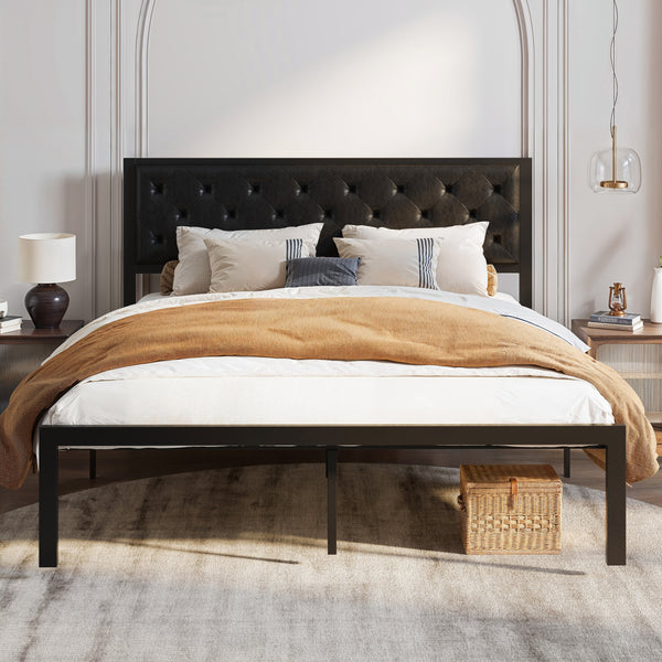 Metal Bed with Headboard, Strong Steel Slats Support