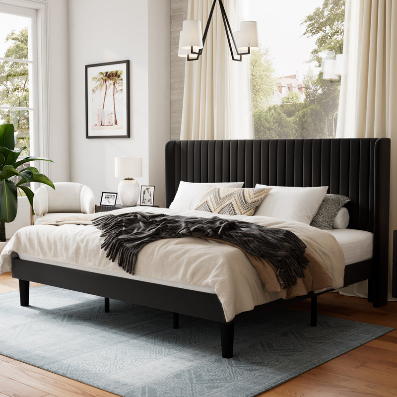 Sha Cerlin Upholstered Platform Bed Frame with Velvet Channel Wingback Headboard