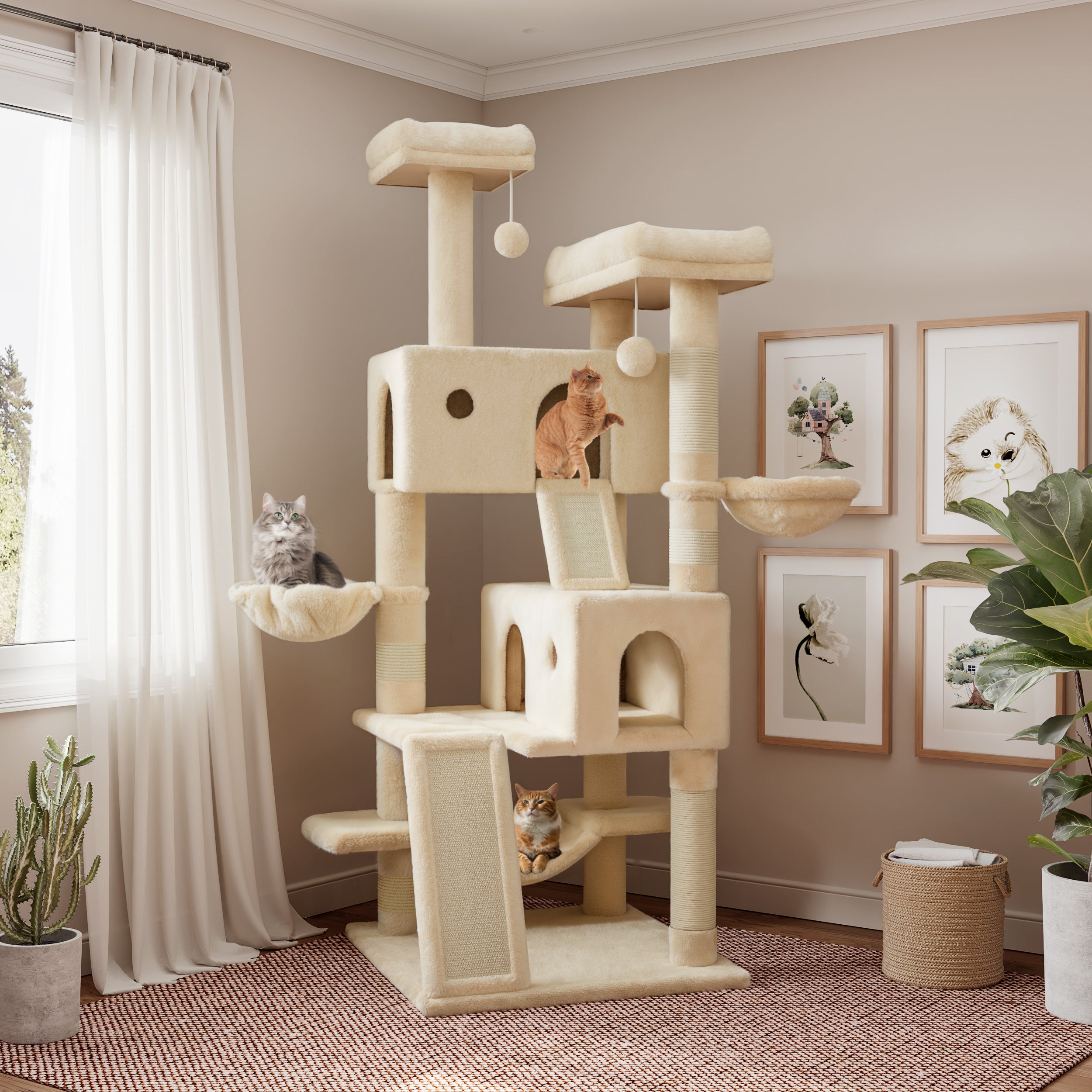 Sha CERLIN 65in Larger Cat Tree Tower Condo for Indoor Cats Multi Level Furniture Activity Center with Wide Base Cozy Plush Cat Perches Baskets