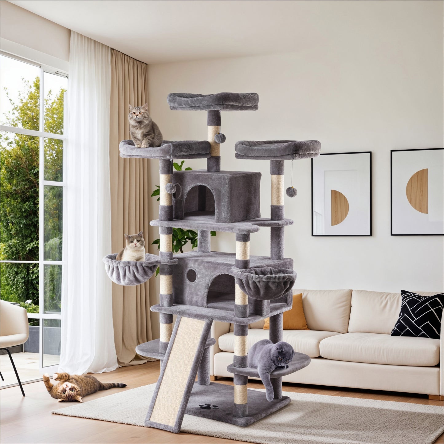 Sha Cerlin 68" X Large Cat Tree and Tower for Cats with Condo House, Sisal Scratching Board & Posts