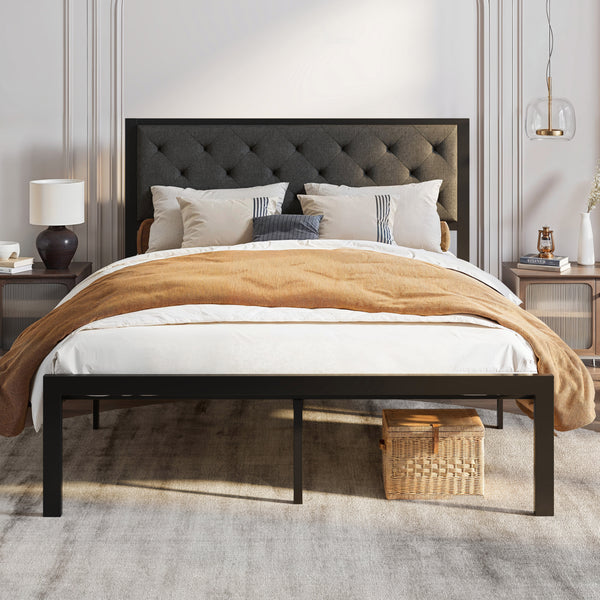 Metal Bed with Headboard, Strong Steel Slats Support