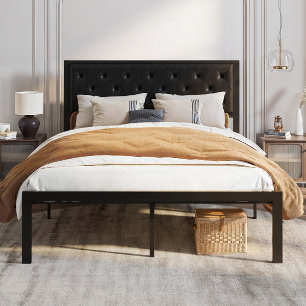 Metal Bed with Headboard, Strong Steel Slats Support