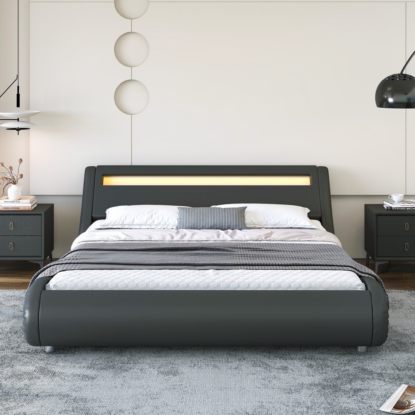 Wave-Like Curve PU Leather Platform Bed Frame with Adjustable Headboard and LED Lights