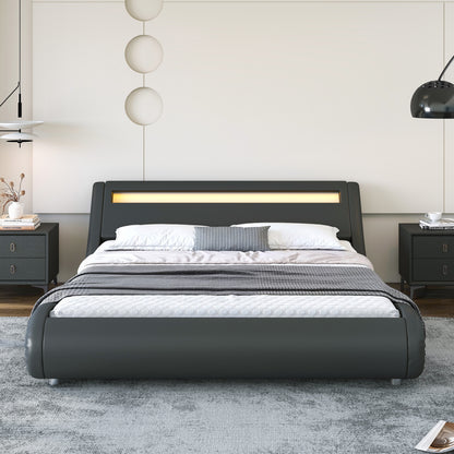 Wave-Like Curve PU Leather Platform Bed Frame with Adjustable Headboard and LED Lights