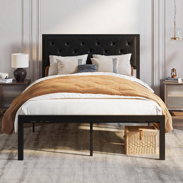 Metal Bed with Headboard, Strong Steel Slats Support