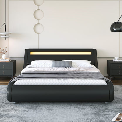 Wave-Like Curve PU Leather Platform Bed Frame with Adjustable Headboard and LED Lights