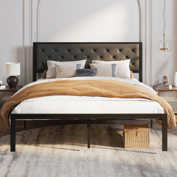 Metal Bed with Headboard, Strong Steel Slats Support