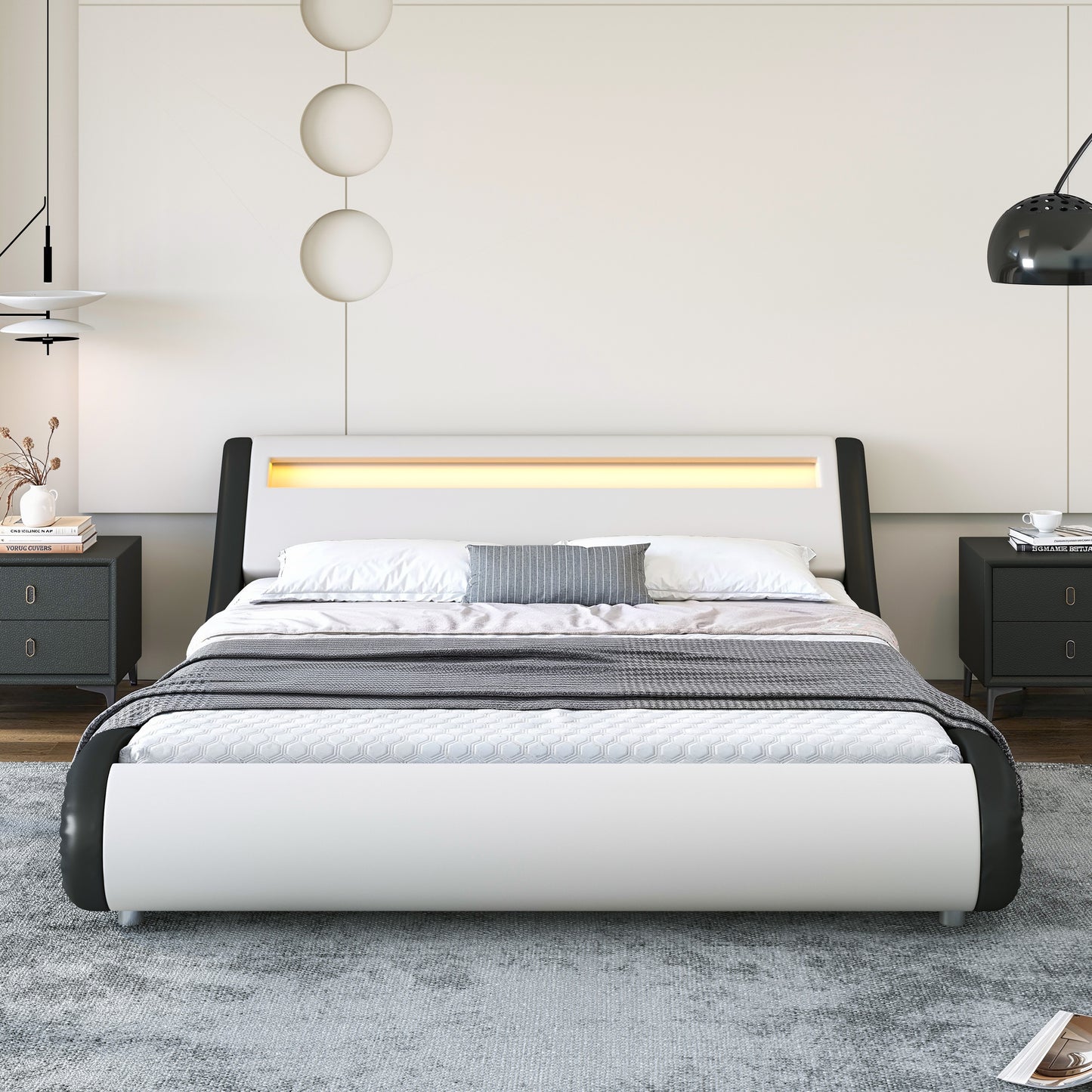 Wave-Like Curve PU Leather Platform Bed Frame with Adjustable Headboard and LED Lights