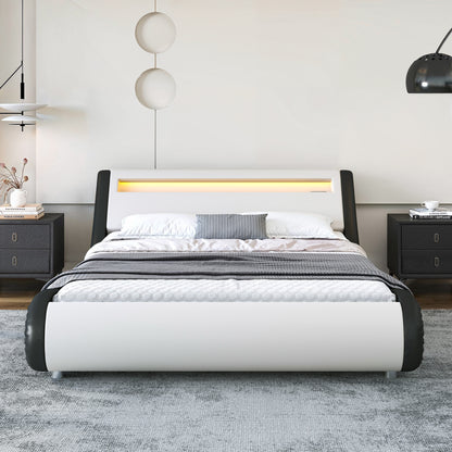 Wave-Like Curve PU Leather Platform Bed Frame with Adjustable Headboard and LED Lights