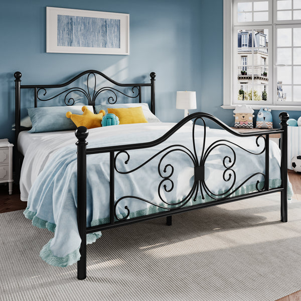 Sha Cerlin Metal Platform Bed Frame with Vintage Butterfly Pattern Headboard & Storage, Adult