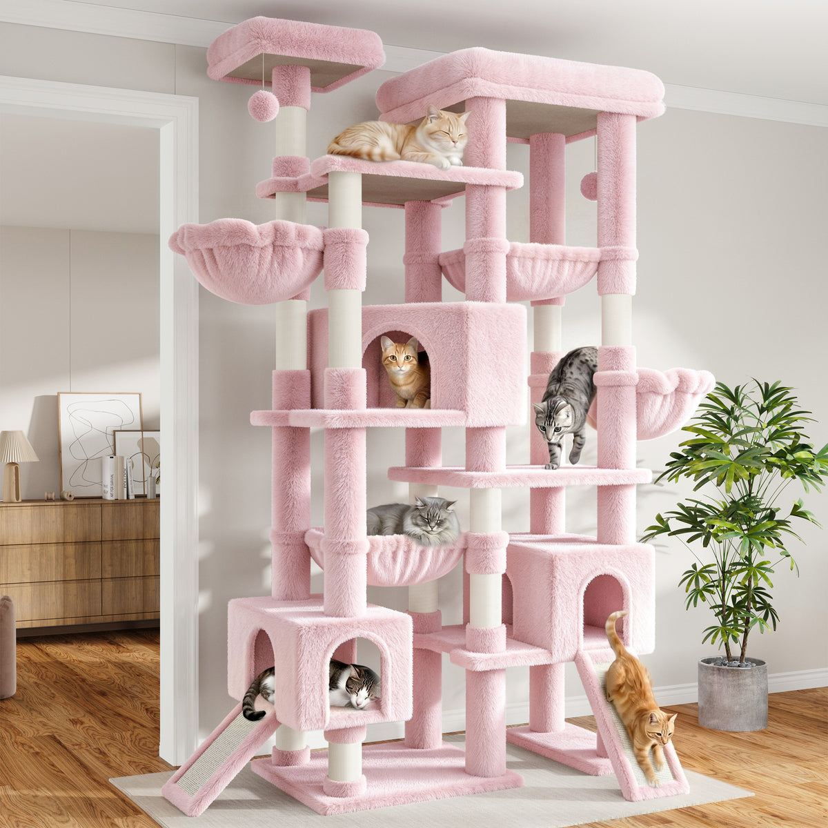 Sha Cerlin 87 in Multi-Level Tall Cat Tree Tower for Large Cats/Extra Wide Feline Activity Center/Sisal Scratching Posts/Wide Base/Cozy Plush Perches/Baskets/Hammocks/Toy Balls
