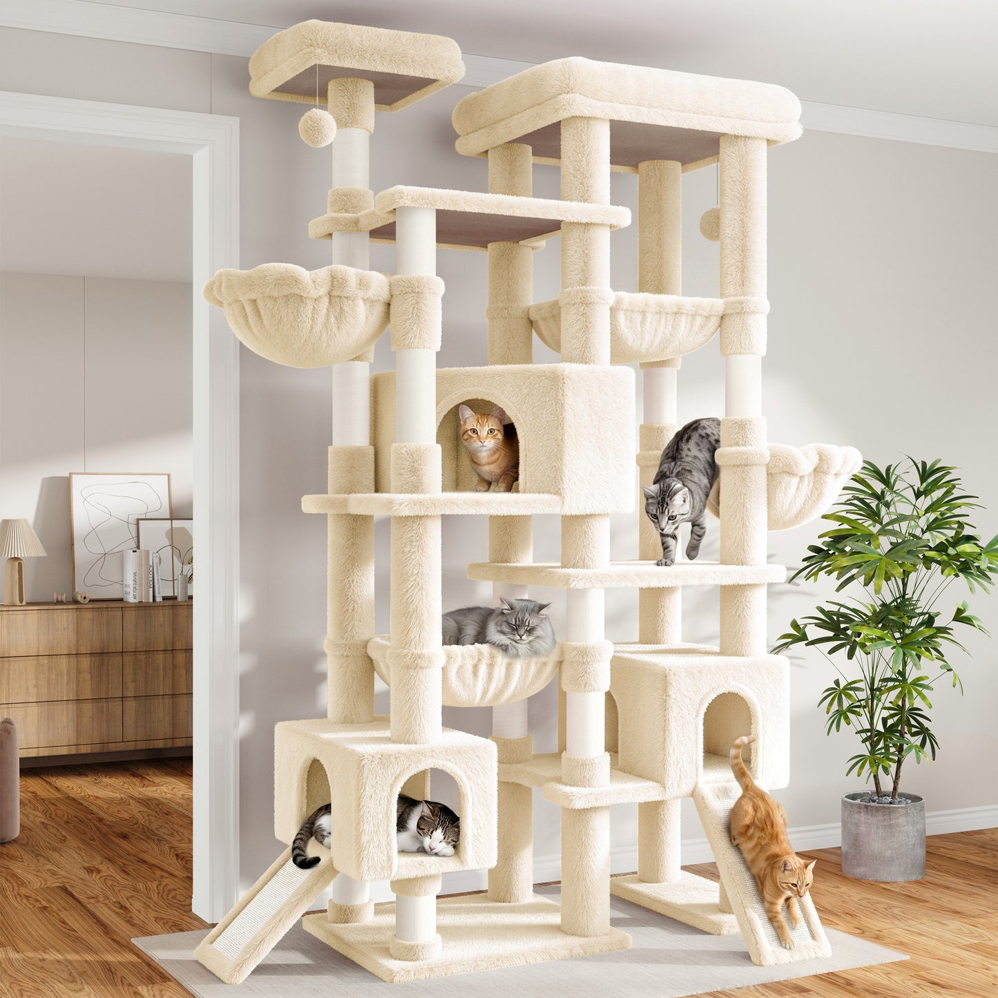 Sha Cerlin 87 in Multi-Level Tall Cat Tree Tower for Large Cats/Extra Wide Feline Activity Center/Sisal Scratching Posts/Wide Base/Cozy Plush Perches/Baskets/Hammocks/Toy Balls