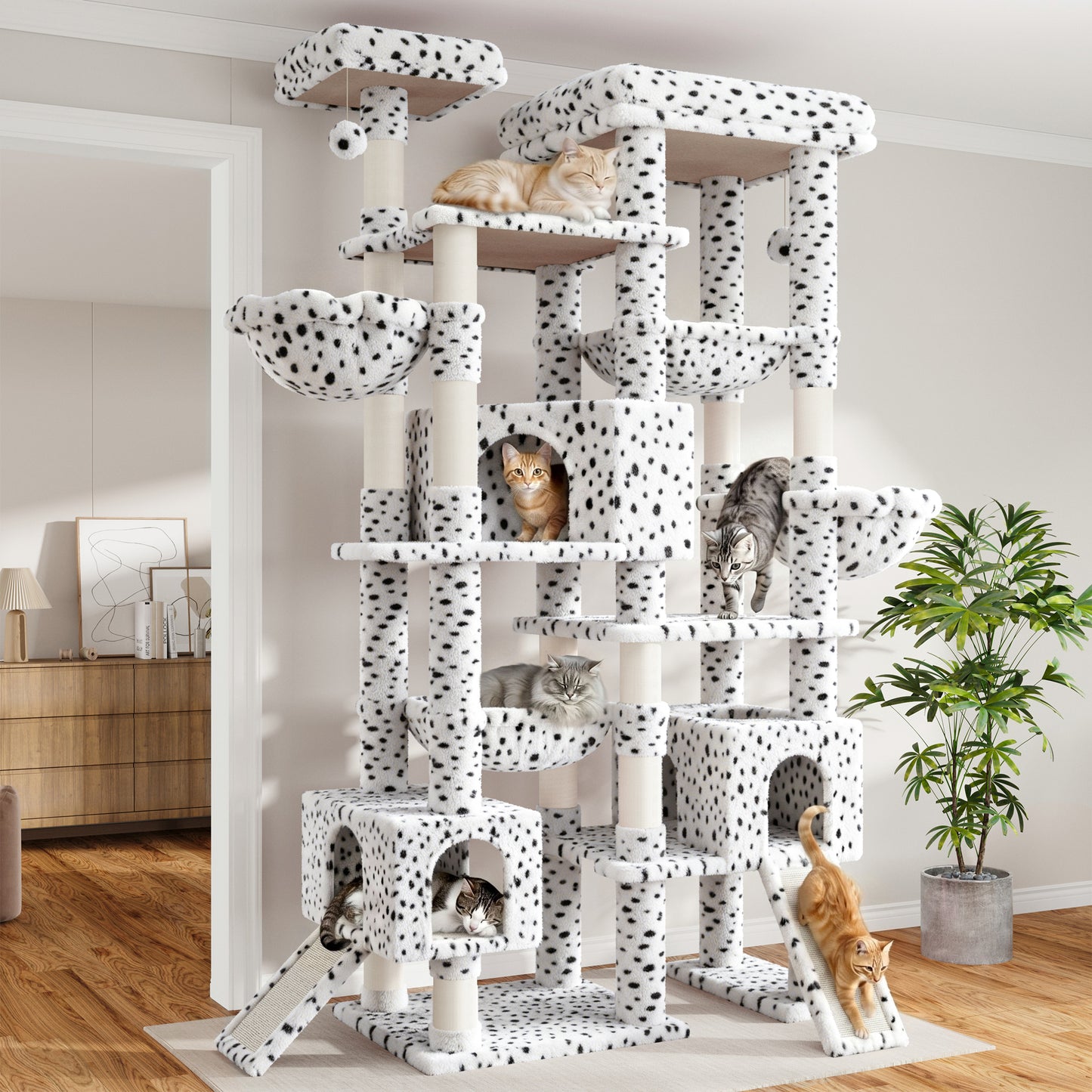 Sha Cerlin 87 in Multi-Level Tall Cat Tree Tower for Large Cats/Extra Wide Feline Activity Center/Sisal Scratching Posts/Wide Base/Cozy Plush Perches/Baskets/Hammocks/Toy Balls