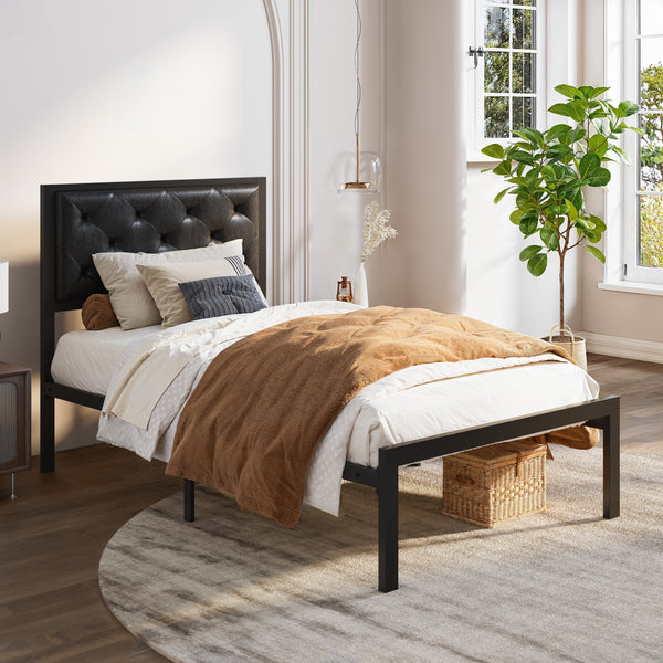 Metal Bed with Headboard, Strong Steel Slats Support