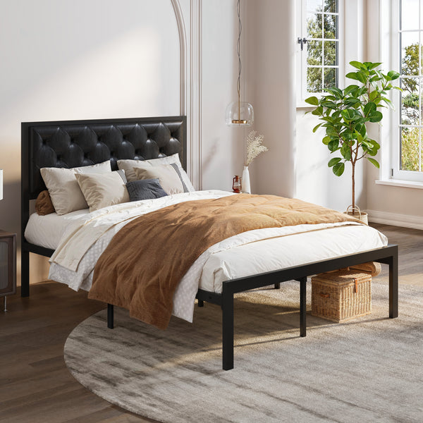 Metal Bed with Headboard, Strong Steel Slats Support