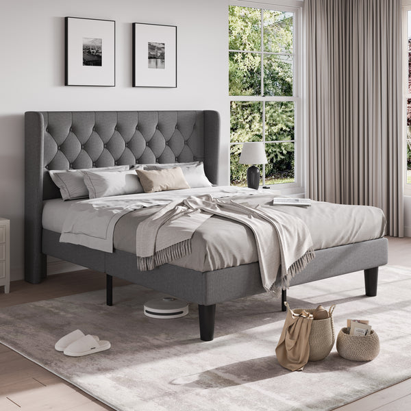 Platform Bed Frame with Upholstered Headboard and Wingback, Button Tufted Design