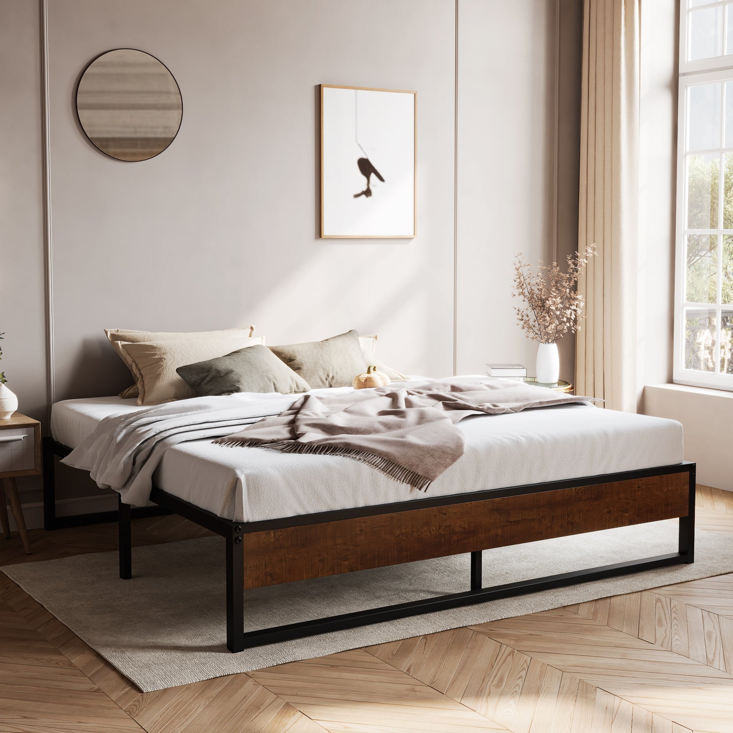 Metal Bed Frame with Storage, Mattress Foundation with Rustic Wood